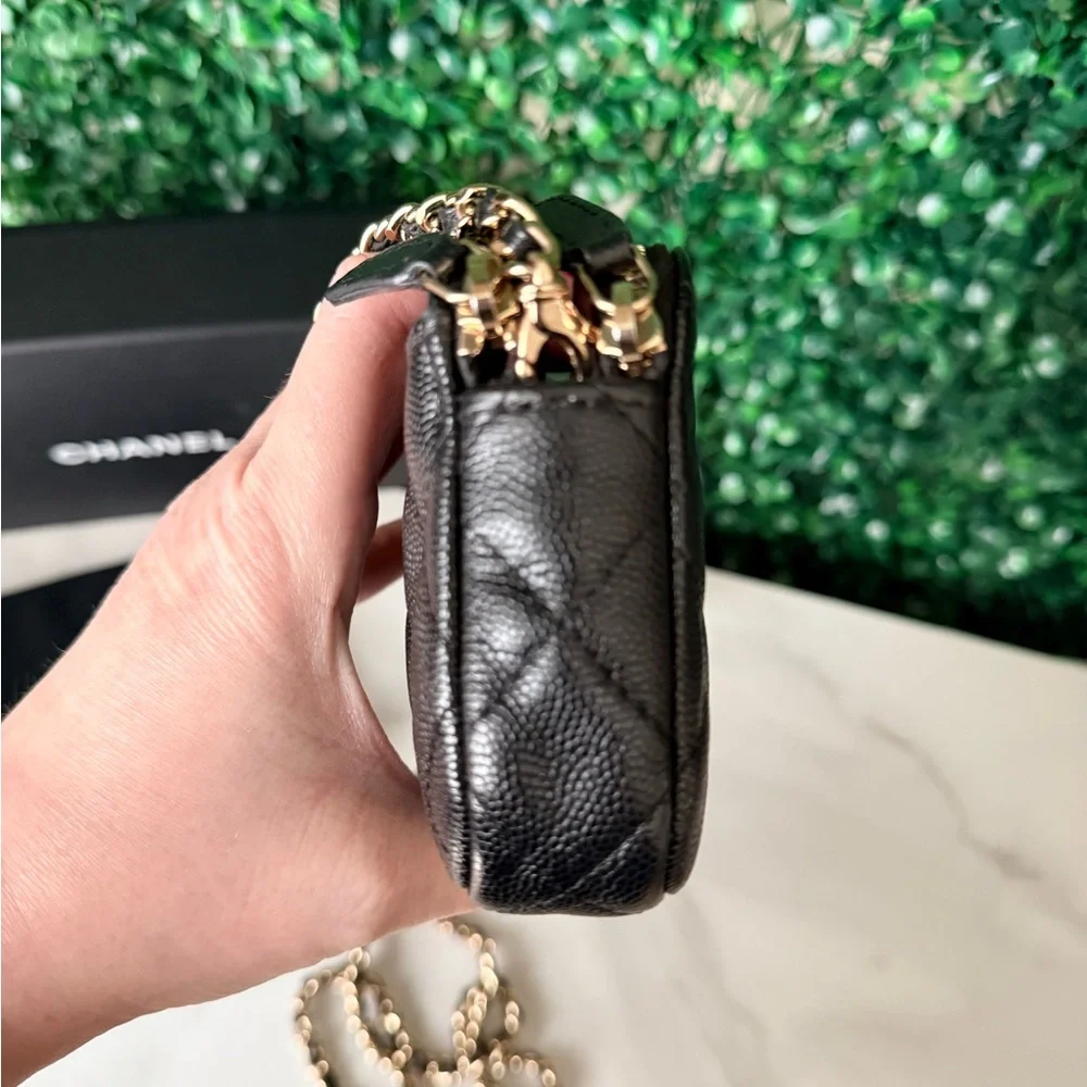 Chanel Black Caviar Quilted Double Zip Clutch with Chain Crossbody Bag Authentic